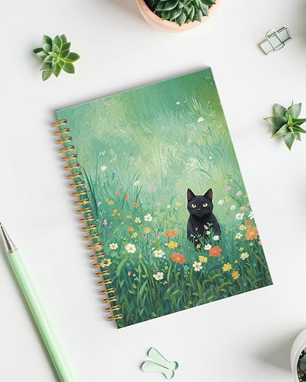 ROXMART Black Cat Wildflower Field Spiral Notebook, Black Cat Gifts Journal, Gifts for Cats Lovers, Rustic Floral Cute Kitty Kitten Hardcover Notebook Journal, 5.5x8.3 Inch