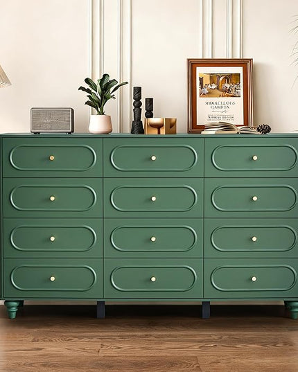 12 Drawer Fluted Dresser for Bedroom, Mid Century Modern Chest of Drawers, Wood Storage Small Dresser Organizer for Bedroom Living Room Hallway Closet, Green