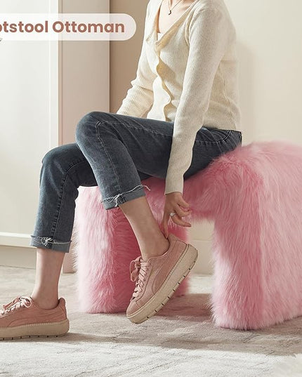 Vanity Stool Chair Small Footstool Ottoman Faux Fur Seating Backless Modern Foot Rest Ottoman Furry for Makeup Room Living Room Bedroom Entryway,Pink (Single 1)