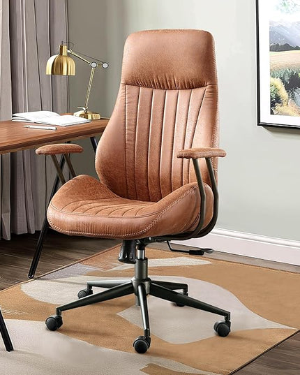 Mid Century Modren Office Chair,High Back Ergonomic Executive Chair with Lumbar Support, Computer Desk Swivel Task Chair with Wheels, Faux Lether Suede Fabric Home Chair (High Back, Brown)