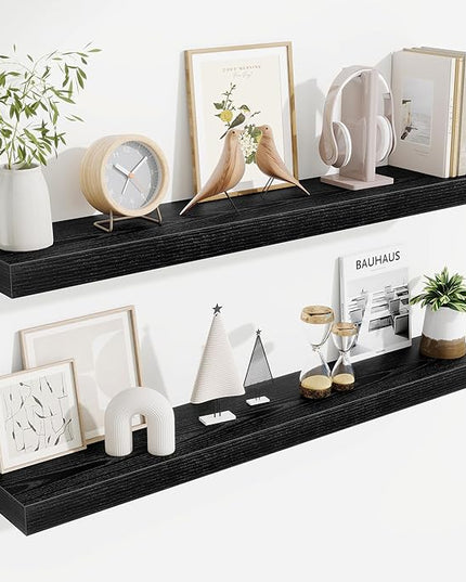Fun Memories 40 Inch Floating Shelves, Long Wood Wall Shelf Set of 2 with Invisible Brackets, for Bathroom, Living Room, Bedroom, Kitchen, Black