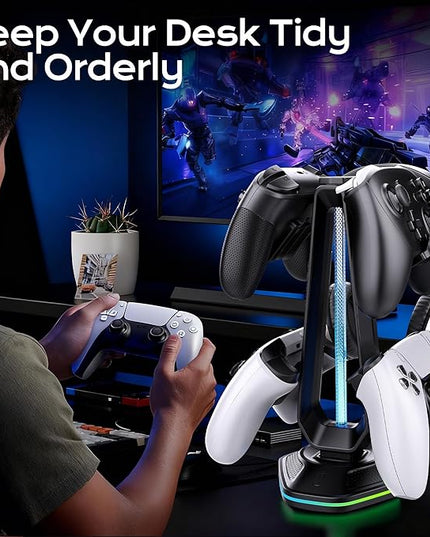 RGB Headset Stand with 9 Light Modes and 2 USB Charging Ports - Controller Holder for Desk - Headphone Stand & Detachable Controller Hook for PC Earphone Gaming Room Setup Accessories