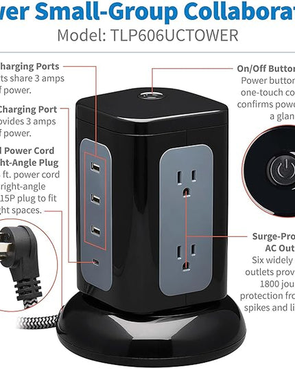Tripp Lite TLP606UCTOWER Charging Tower Power Strip Surge Protector & Charging Station with USB Ports, 1800 Joules, 6 Outlets, 3 USB-A + 1 USB-C, 8ft Cord, Dorm Room Essentials Desk Accessory