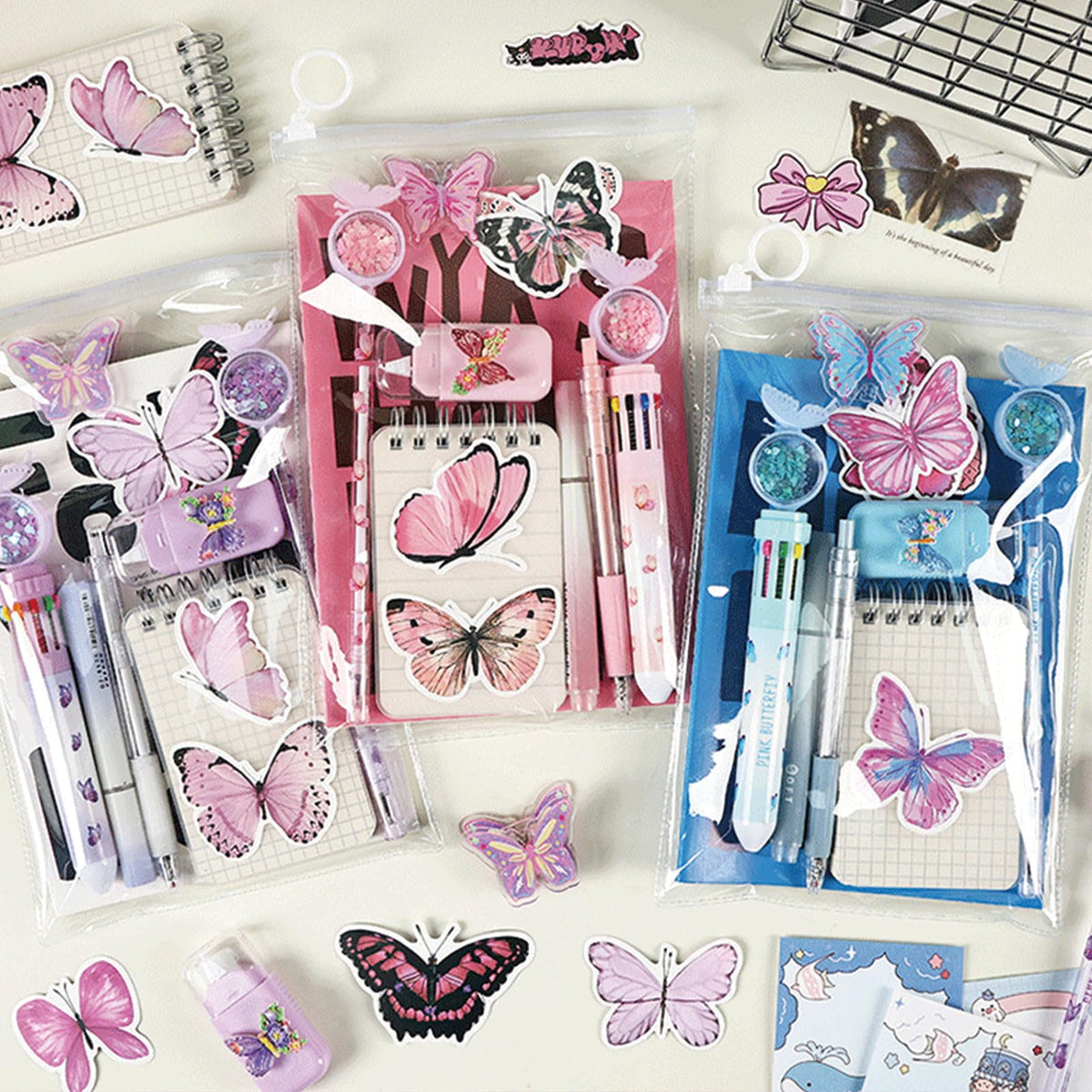 MOZXIRZ 9 Pcs Cute Butterfly Stationery Set for Women Back to School Supplies Office Supplies Kawaii Stationery Gift (Butterfly-Purple)