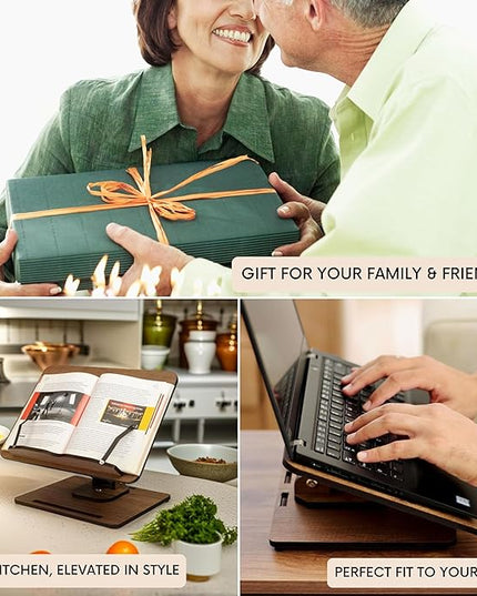 Vigo Wood Book Stand for Reading 360° Adjustable, Wooden Laptop Stand, Cookbooks Holder, Music Scores, Featuring Multi-Height Angles and Foldable Design with Page Clips.