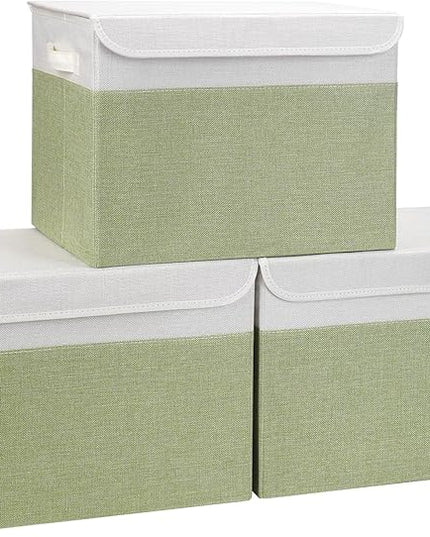 Large 17" 42 Quarts Collapsible Stackable Storage Bins with Lids [3-Pack] Foldable Fabric Linen Storage Boxes Cube, Closet Organizer Baskets with Label for Home (16.7 x 12 x 12", Green & White)