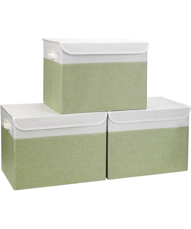 Large 17" 42 Quarts Collapsible Stackable Storage Bins with Lids [3-Pack] Foldable Fabric Linen Storage Boxes Cube, Closet Organizer Baskets with Label for Home (16.7 x 12 x 12", Green & White)