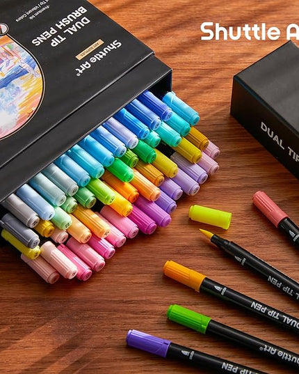 Shuttle Art Pastel Brush Pens, 56 Pastel Colouring Pens, Dual Tip Brush Markers with Fineliner Tip, Drawing Felt Tip Pens for Adults Colouring Books, Painting Sketching Calligraphy and Journaling