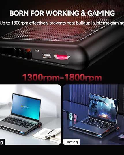 TECKNET Laptop Cooling Pad - 12"-15.6" Laptop Cooler, Powerful Cooler and Ultra Quiet for Gaming Laptops Pad, 2 Wind Speed Adjustable, USB A & C Powered Cooler Stand with Laptops Fan LED (Red)