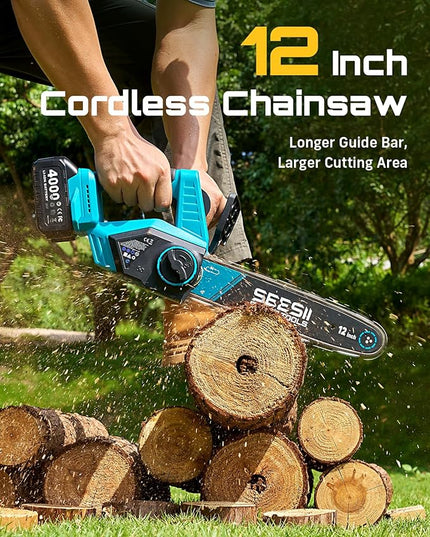 SEESII Electric Chainsaw Cordless 12-inch, Handheld Chain Saws with a 4.0Ah Battery, Tree Saw with Tool-free Chain Tension, Auto Oiling for Wood Cutting Trimming Branch
