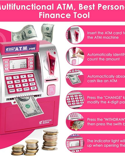 ATM Piggy Bank with Card and Password, Electronic Savings Bank Machine for Real Money, Mini ATM Coin and Cash Deposit Box with Target Setting, Clock and Sound – Pink Dollar Edition