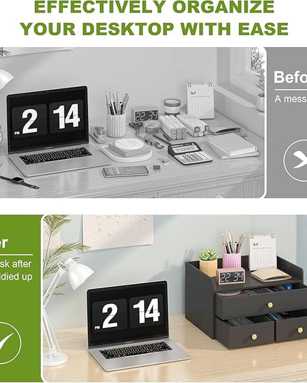 Bamboo Desk Organizer with Drawers Wooden Desktop Storage Drawers for Bills Office Supplies Kitchen Utensils Organizing Tool for Home Classroom Organization No Assembly (3 Drawers, Black)