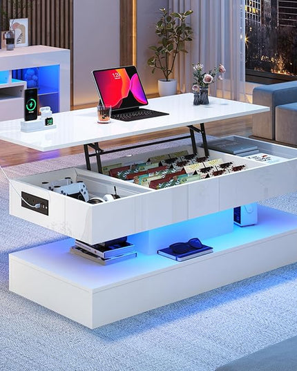 47.2" Large Lift Top Coffee Table,Modern High Glossy LED Coffee Tables for Living Room with Storage Drawer,White Living Room Tables for Livingroom,Dining Room,Bedroom Home Office(White)