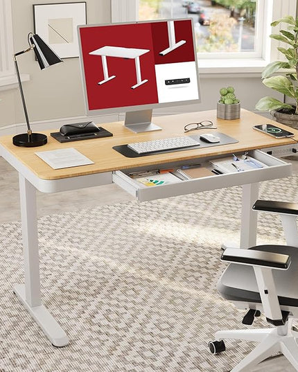 Standing Desk with Drawer, Electric Height Adjustable Home Office Desk with Storage & USB Ports, 55 inch Maple Wood Tabletop/White Frame