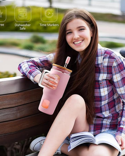 Glass Tumbler with Straw and Lid, 32 oz Glass Cup with Handle, Glass Water Bottles with Time Marker, 2 Straws - Pearl Straw & Drinking Straw Silicone Protective Sleeve-Pink