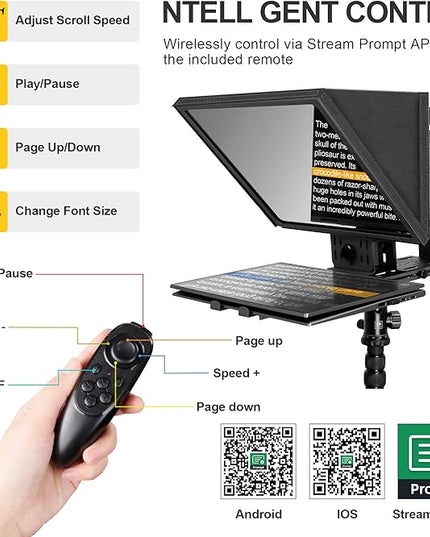 16-Inch Professional Teleprompter with Tempered Optical Glass, All-Metal Design, Remote Control & App Support, Works with Phones, Tablets, and Cameras