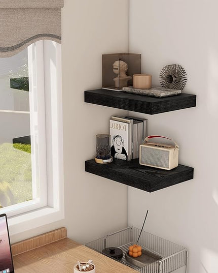 12 Inch Deep Black Floating Shelves, 16 x 12 Floating Shelf for Books, Rustic Wood Deep Wall Shelves for Home Storage & Display, 2" Thicked Shelves for Kitchen, Living Room, Bedroom, 2 Pack