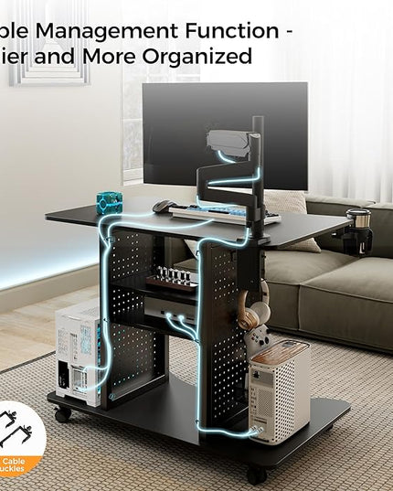 EUREKA ERGONOMIC Gaming Desk Computer, 37" Rolling Desk on Wheels for Small Space, Mobile Computer Cart with Pegboards Adjustable Shelves for Gaming PS Switch Home Office - Black