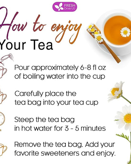FreshDrinkUS, Premium 60 Chamomile Lavender Tea Bags, Calming Herbal Blend Strong Support for Relaxation & Better Sleep | Naturally Caffeine-Free Bedtime Tea with Soothing Floral Aroma, 100% Natural, Hand-made No Sugar/ Caffeine/ Gluten, Vegan