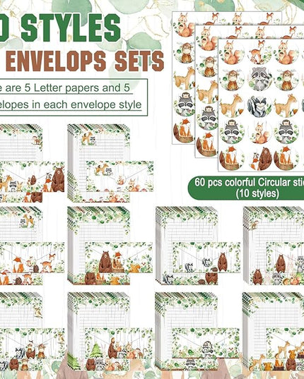TaoBary 160 Pcs Stationery Paper Set 50 Double Sided Stationery Papers with 50 Matching Envelopes and 60 Round Dot Sticker, 10 Design(Woodland Animal,8.5 x 11 Inch)