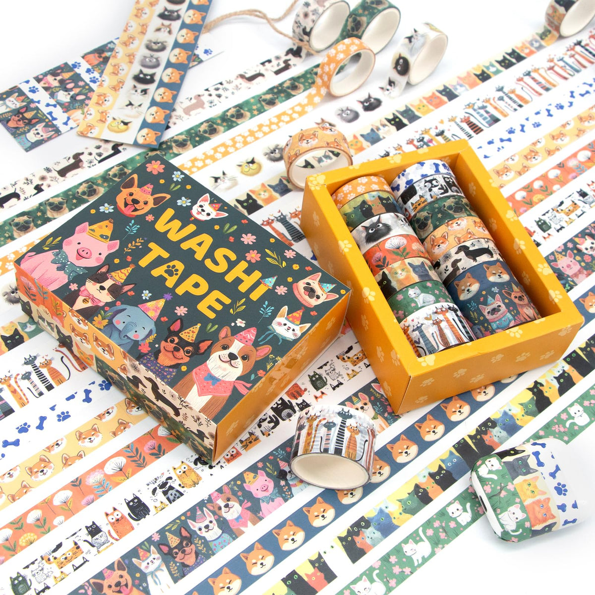KOVANO Washi Tape Set 14 Rolls, Cute Animal Decorative Tape, Cats Puppies Pugs Designs Washi Tapes for Scrapbooking Supplies, Journaling Supplies, Crafts