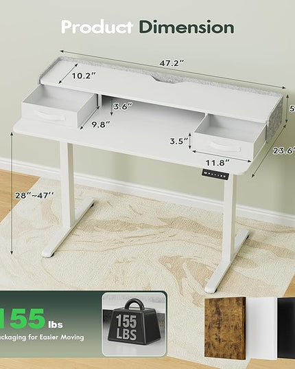 Homall Electric Standing Desk with 2 Drawers, Adjustable Height Computer Desk with Storage Sit Stand Table with Storage Shelf and Splice Board Quick Install for Home Office (White, 48 Inch)