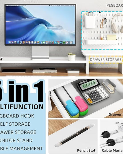 Pegboard Monitor Stand Riser,Computer Monitor Stand with 2 Hooks Cable Management Desk Organizer and Drawer for Laptop,PC,Computer,Printer,White