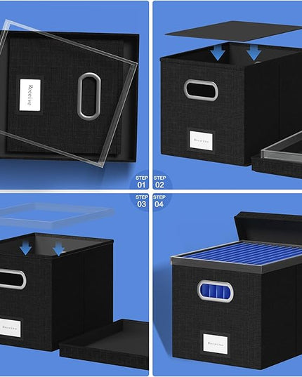 File Organizer Box - File Boxes for Hanging Files with Lid Set of 4 Decorative Hanging Folders Organizer with One-Piece Plastic Frame Slides (Black, 13.2 * 10.1 * 10.1in(4Pack))