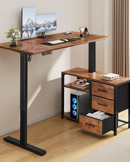 47 Inch L Shaped Standing Desk with 3 Drawers Electric Standing Desk with Storage Computer Desk Adjustable Height with Power Outlets 4 Memory Presets for Home Office, Rustic Brown