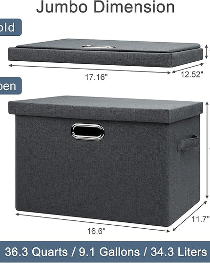 Large 17" 36 Quart Collapsible Stackable Storage Bins with Lids, 3 Packs Dark Gray Foldable Fabric Closet Storage Boxes with Lids, Heavy-duty Linen Cube Baskets(17x12x11)