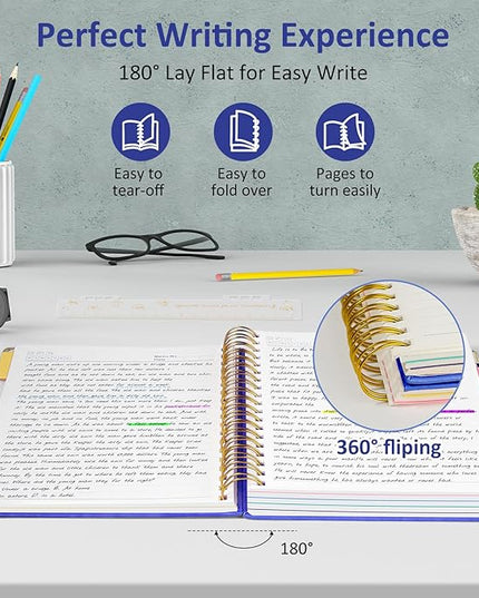 Hardcover Spiral Notebook Journal, 8"x10" Large B5 Notebooks with Removable Dividers Tabs, 300 Pages Leather 5 Subject Notebook College Ruled, Journal for Work School Note, 100 GSM Thick Paper,Blue