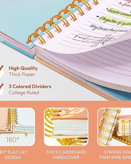 Spiral Notebook 3-Pack – 3 Subject B5 College Ruled Journaling Notebooks, 300 Pages, 100 GSM Thick Paper, 10.25" x 7.25", with Dividers, School Supplies for Students, Professionals
