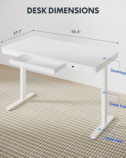 Standing Desk with Drawer, Electric Height Adjustable Home Office Desk with Storage & USB Ports, 55 inch White Wood Tabletop/White Frame