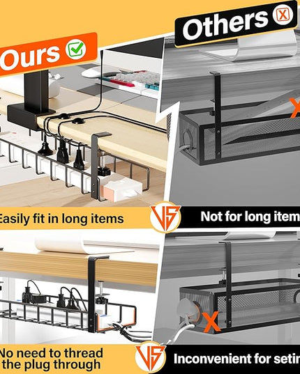 2 Pack Cable Management Under Desk Tray, 31.4" No Drill Under Desk Wire Management with Upgraded Clamp, Metal Cord Organizers for Desk with Cable Organizers, PC Cable Management Rack, Black