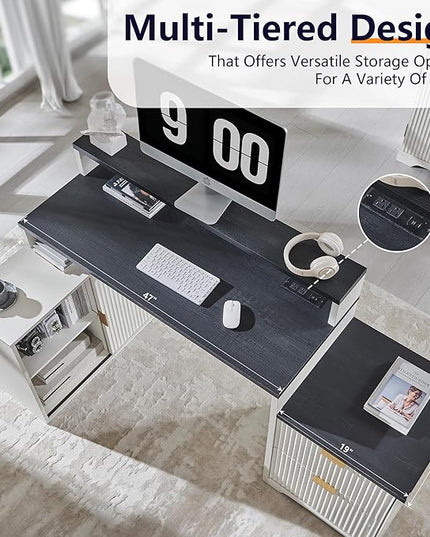 JXQTLINGMU 67" Modern L Shaped Desk with Storage Cabinet & Drawers, Wood Home Office Desk with Power Outlets, Fluted Computer Writing Desk, Antique White