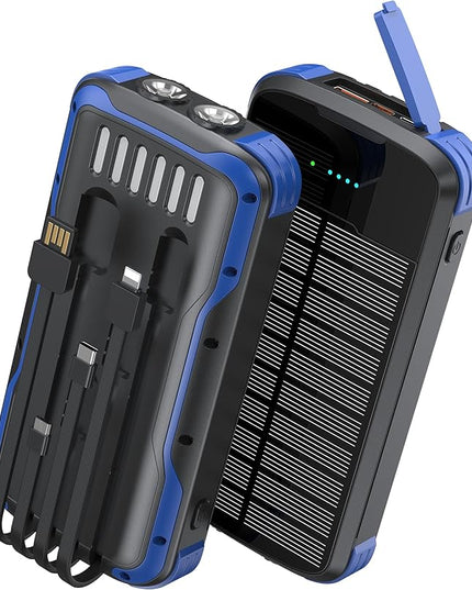 Solar Charger Power Bank, PD 20W Fast Charging External Batter, 40000mAh Portable Phone Charger Built in 4 Cables with Dual Bright Flashlights for Camping, Hiking, and Outdoor Use (Blue)