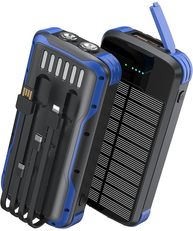 Solar Charger Power Bank, PD 20W Fast Charging External Batter, 40000mAh Portable Phone Charger Built in 4 Cables with Dual Bright Flashlights for Camping, Hiking, and Outdoor Use (Blue)
