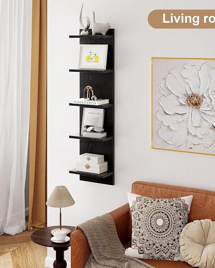 Fun Memories 5-Tier Wall Shelf Unit, 48" Tall Floating Storage Organizer for Bedroom, Living Room, and Home Decor, Black Vertical Shelving Unit