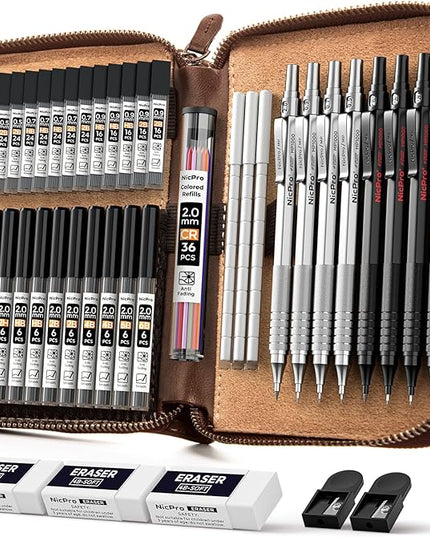 Nicpro 45PCS Black & Silver Metal Mechanical Pencil Set in Leather Case, Art Drafting Pencil 0.5, 0.7, 0.9 mm, 2mm Lead Holders for Sketching Drawing With 27 Tube (6B 4B 2B HB 2H 4H Colors)Lead Refill