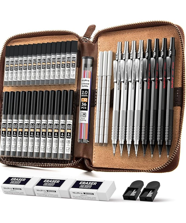 Nicpro 45PCS Black & Silver Metal Mechanical Pencil Set in Leather Case, Art Drafting Pencil 0.5, 0.7, 0.9 mm, 2mm Lead Holders for Sketching Drawing With 27 Tube (6B 4B 2B HB 2H 4H Colors)Lead Refill