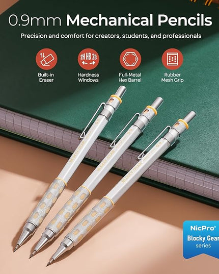 Nicpro Blocky Gear 0.9 mm Mechanical Pencils Set in Case, 3 Pack Metal Pencil 8 Tube with Lead Refills 0.9mm (HB 2B), 3 Erasers for Professional & Adult Art Writing Drafting Drawing