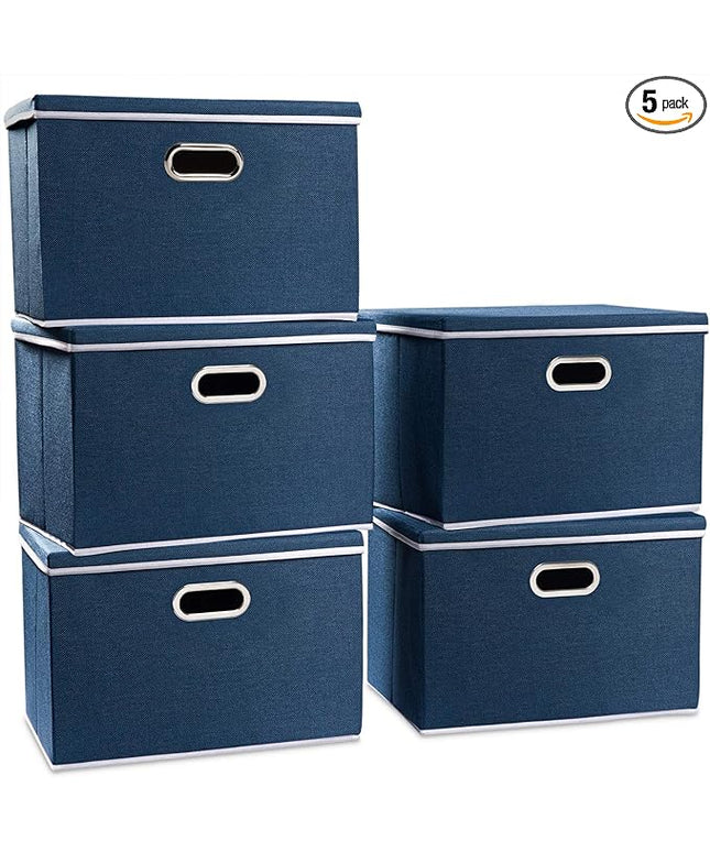 PRANDOM Large Collapsible Storage Bins with Lids [5-Pack] Fabric Foldable Storage Boxes Organizer Containers Baskets Cube with Cover for Home Bedroom Closet Office Royal Blue(17.7x11.8x11.8)