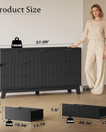 BORNOON 57" Long Dresser for Bedroom, 7-Drawer Fluted Chest, Wide Wood Storage Dresser with Metal Slides and Handles, Stable Base, Modern Clothes Organizer for Primary Suite, Guest Room, Nursery