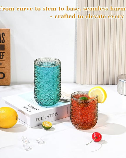 Green Drinking Glasses Set of 12, 12 Oz Highball & 10 Oz Cocktail Glasses, Green Kitchen Vintage Glassware Set, Floral Embossed Glass Tumbler Cups for Water, Beer, Juice, Whiskey, Coffee