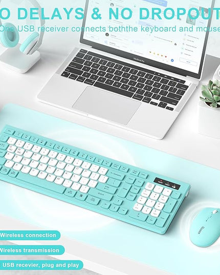 Wireless Keyboard and Mouse Combo, Full-Sized Quiet Wireless Keyboard and Adjustable DPI Mouse, 2.4GHz USB Receiver, Keyboard and Mouse for PC, Windows, Desktop, Laptop (Tiffany Blue and White-B)