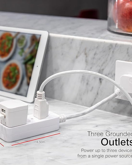 GE 3-Outlet Power Strip Surge Protector 5 Inch Braided Extension Cord with Multiple Outlets Grounded Flat Plug ETL Listed White 45190