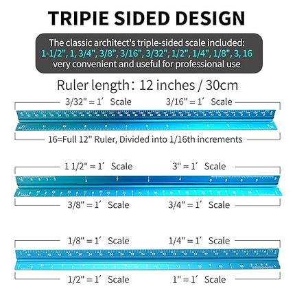 Rena Chris 2PCS Architectural Scale Ruler: 12" Imperial Aluminum Triangular Scale Ruler, Laser-Etched Architecture Ruler, Drafting & Architect Ruler for Architects, Students, Draftsman(Blue)