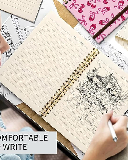 Spiral Journal Notebook, A5 Cute Notebooks for Women Men, College Ruled Hardcover Notebook for Work & Note Taking, 60 Pages Double-Wire Journals for Writing (Cute Pink Cherry Bow)