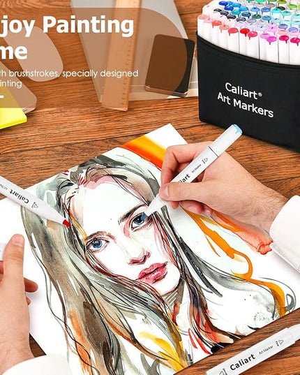 Caliart Markers, 100 Colors Dual Tip Art Markers Sketch Pens Permanent Alcohol Based, with Case for Adults Artists Drawing Illustration Sketching Coloring (White Barrel)