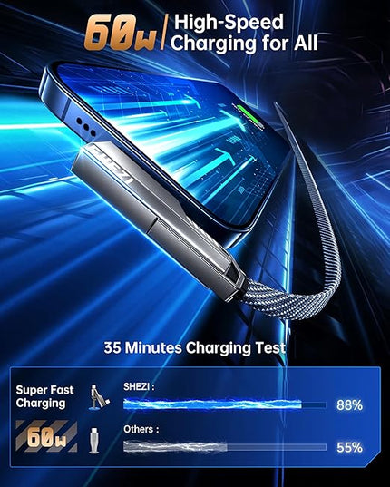 SHEZI 4-in-1 [Upgraded] USB C Cable 10FT Compatible with Lightning Cable 90 Degree, Long Fast Charging Flat Nylon Braided for iPhone 16/15 Charger Cord, Multi Charging Combo with L/USB C/USB A Ports